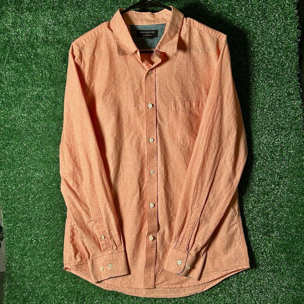 Banana Republic Mens Shirt Large L Pink Coral Soft Wash Slim Fit Micro Dot LS